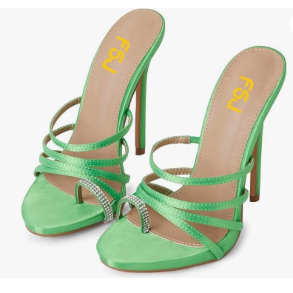 FSJ Green Stylish Rhinestones Open Toe Ring Mule Flip Flop Slip on Thong Slipper